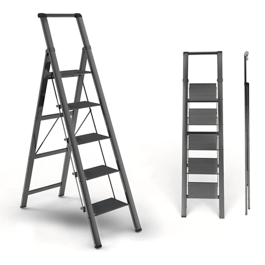 5 Step Ladder, Folding Step Stool, Portable Iron Foldable Black Ladder for 10 Foot High
