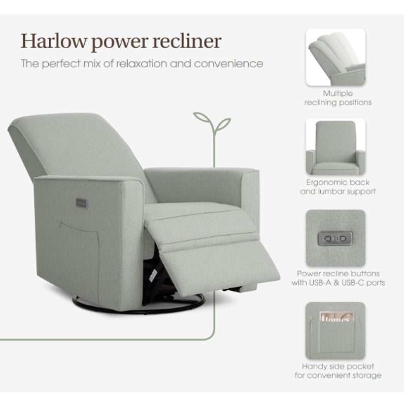 Harlow Upholstered Power Glider Recliner with USB Charging –Rocking & 275° Swivel with Smooth Glide