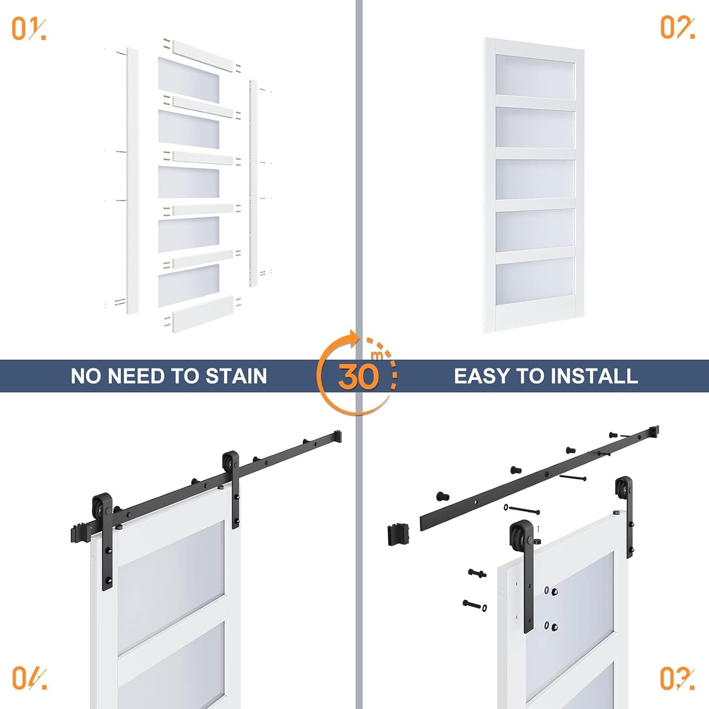 36x84 In Glass Sliding Barn Door Slab & 6.6ft Hardware Kit Incl 5 Frosted Glass, Simple DIY Assembly