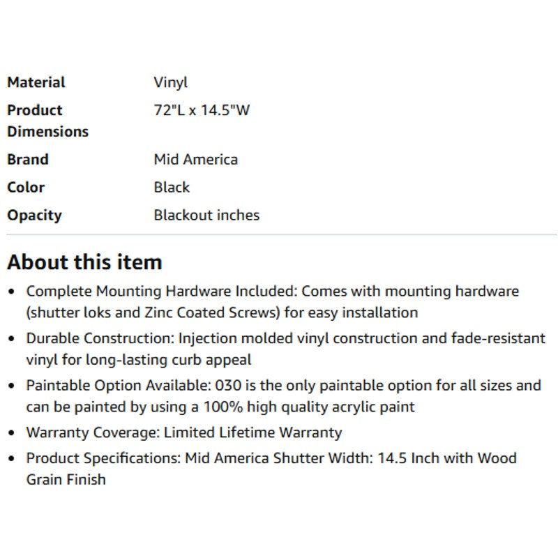 Mid America Open Louver 14.5 Inch Vinyl Shutters (1 Pair) - 14.5 x 72 Black