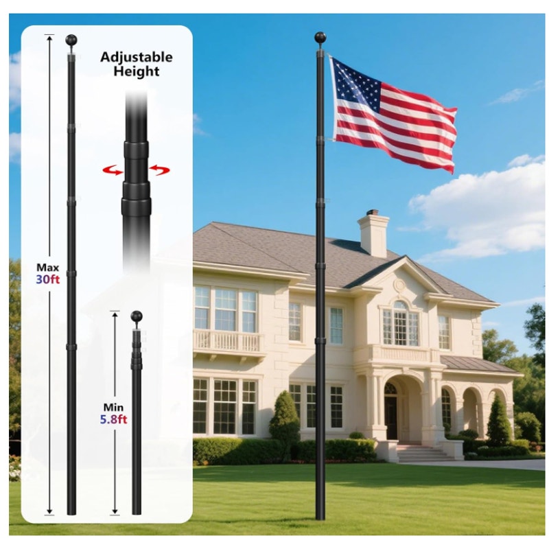 Wphold Flag Poles for Outside House Inground - Extra Thick Telescoping Flag Poles (30FT, Black)