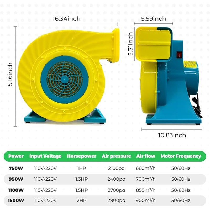 Bounce House Blower High Power Inflatable Air Blower, IPX4 Waterproof, 110-120V, 6 Stakes-1HP 750W