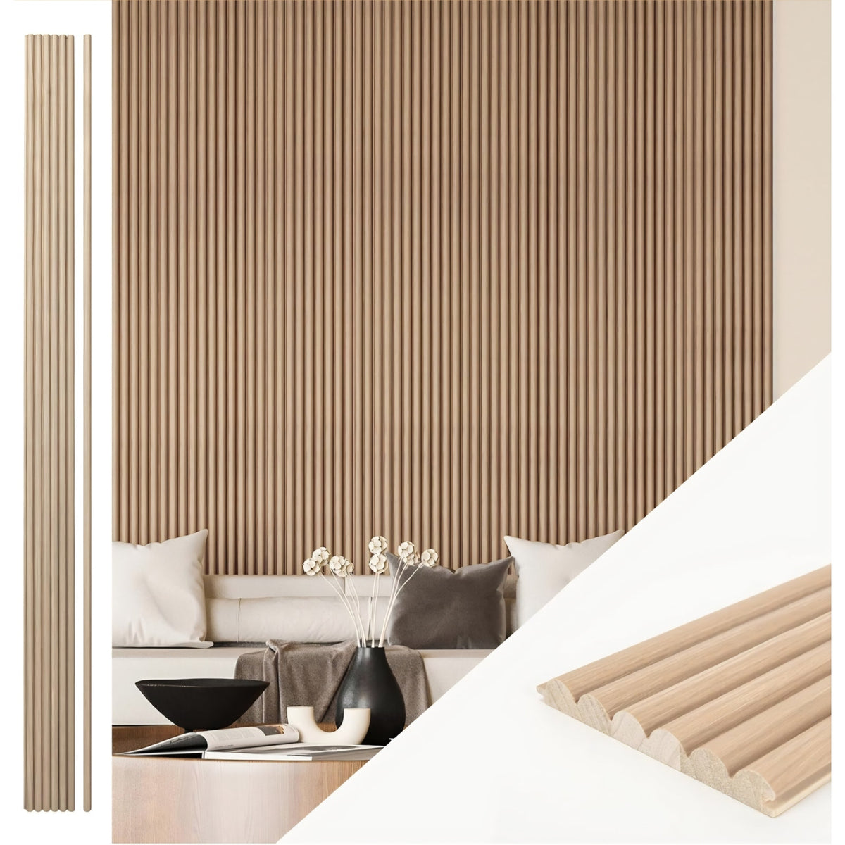 Art3d Fluted Wood Panel  and for Pack of 4pcs + 1pc End-Trim, Size 108 x 5.7in.- Beaded Ashtree