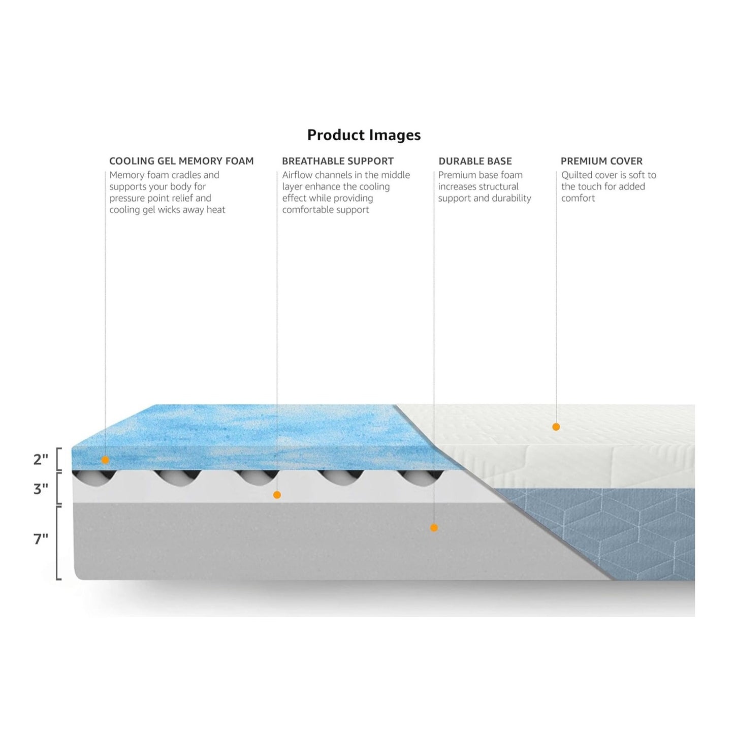 Memory Foam Mattress, Medium Firm, Cooling Gel, Queen Size Mattress, 80 x 60 x 12 inches, White/Gray