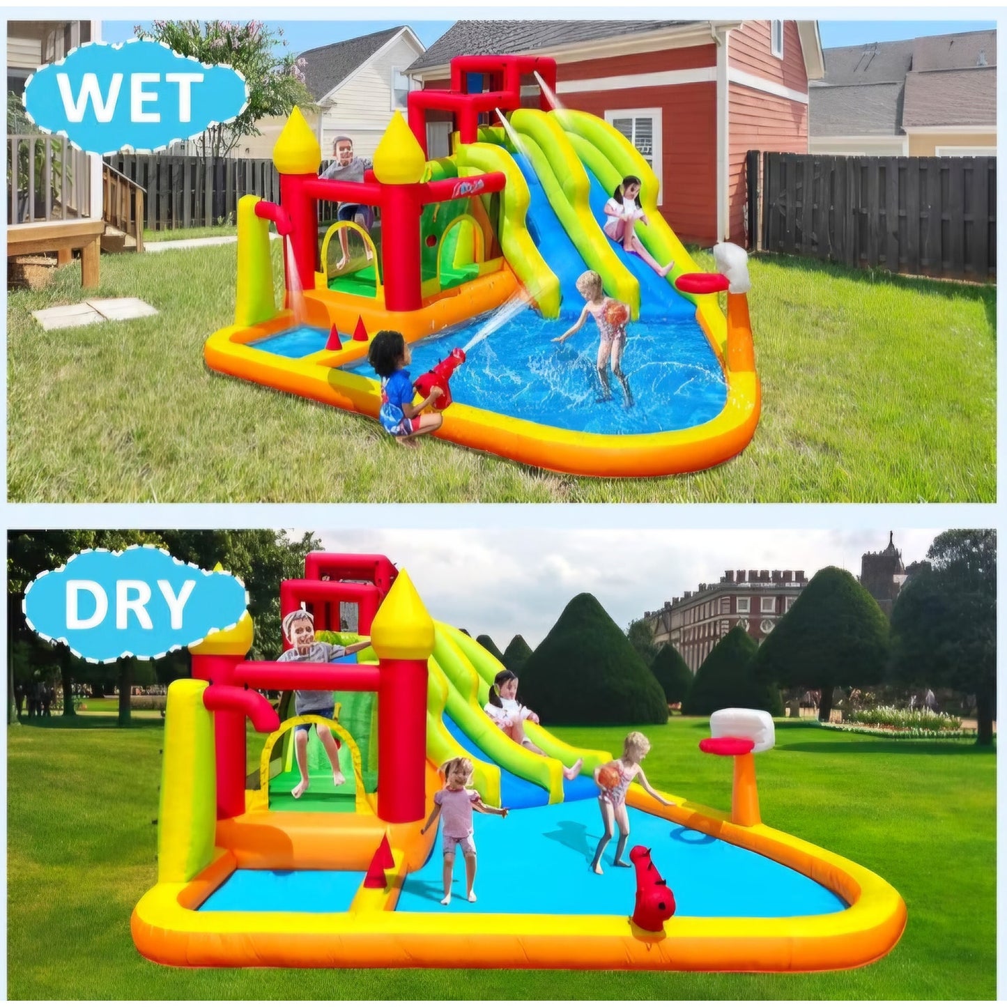 MIRUNAIR Inflatable Bounce House with Slides, Inflatable Water Slide for Kids Backyard