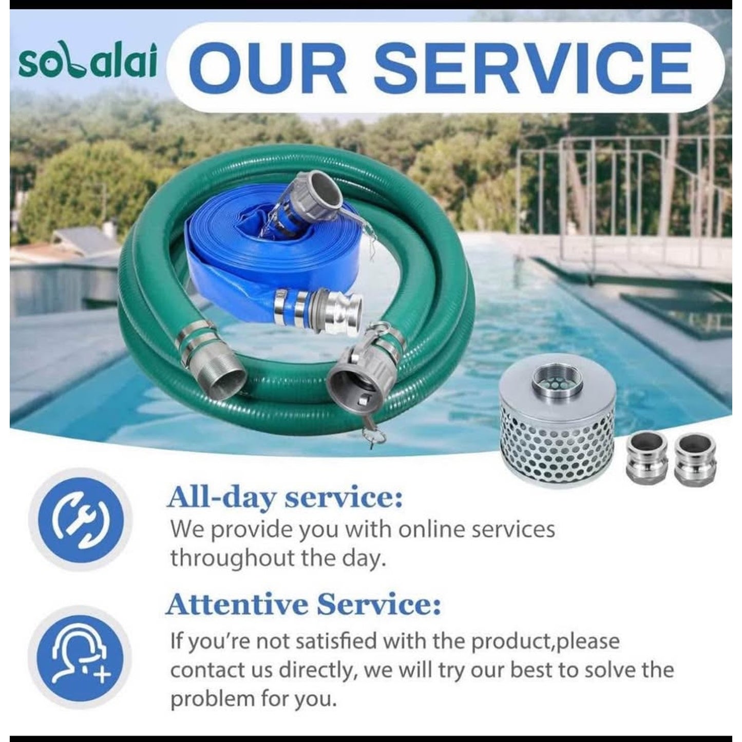 3 Inch Suction Hose Pump kit, Includes 3" x 65' Blue PVC Backwash Hose & 3" x 20' Green PVC Suction