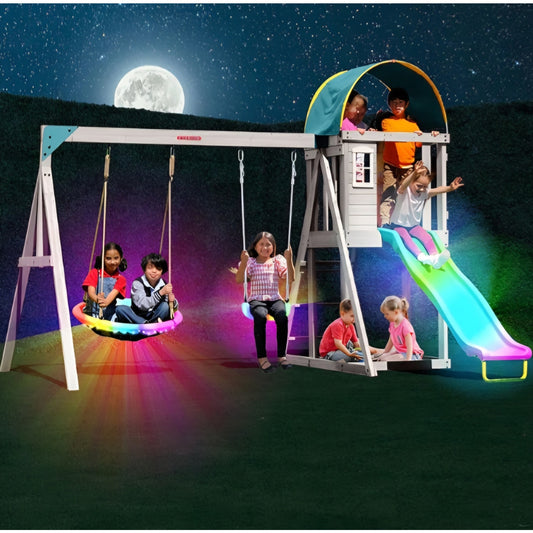 Sportspower Amelia Galaxy Cedar Wooden Swing Set for Night Play with 2 LED Swings