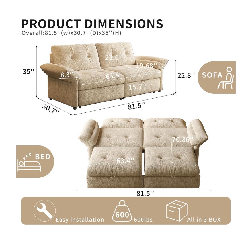Eafurn 3-in-1 Multifunctional Pull Out Sofa Bed, Tufted Loveseat Couch Bed
