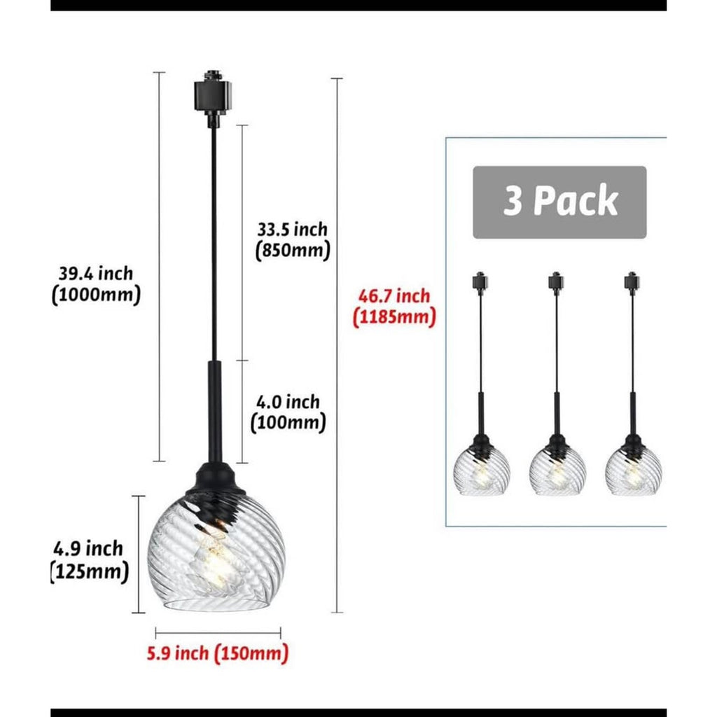 3 Pack H-Type Track Pendant Lighting Fixtures Black Hanging Pendant Lights Kitchen Island with Clear