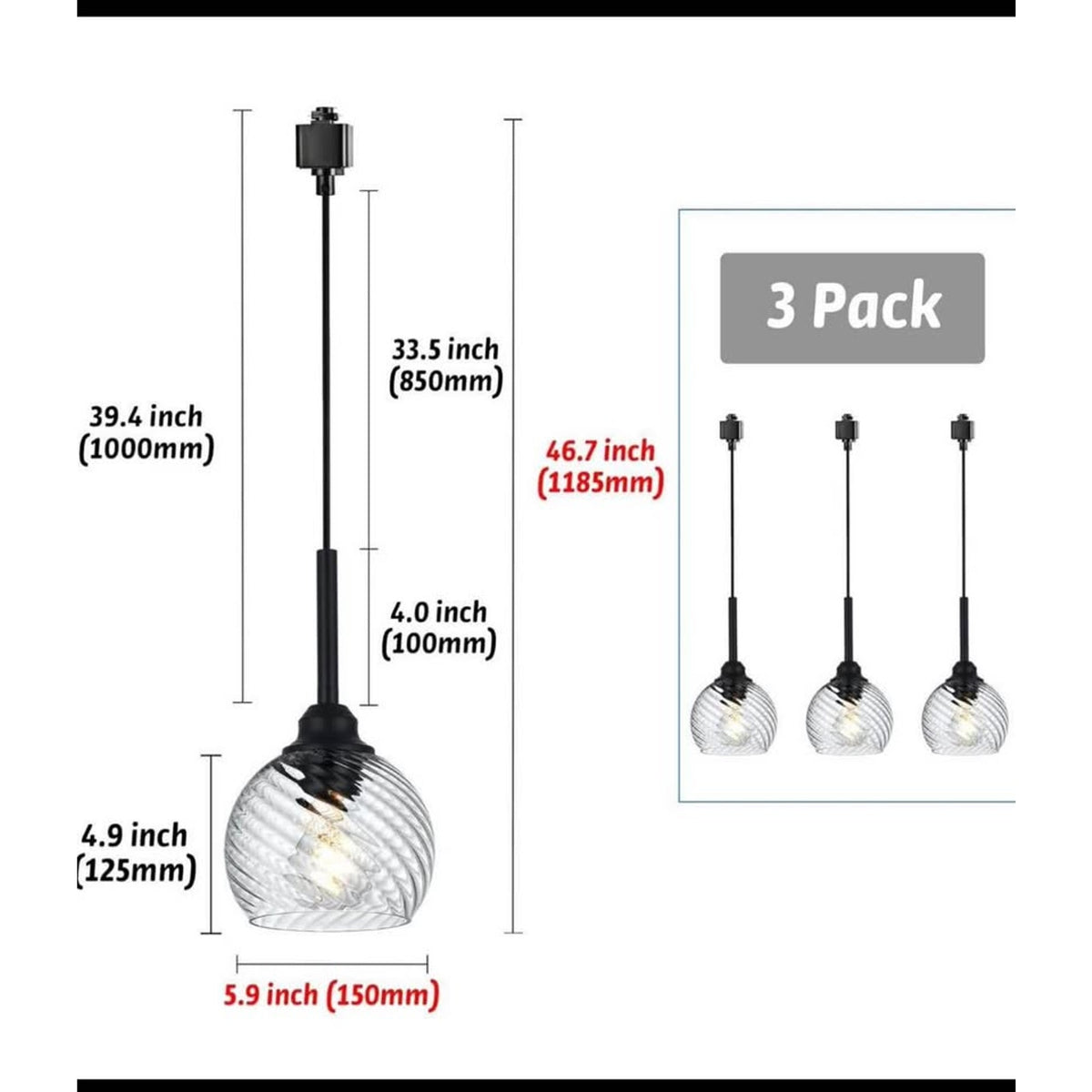 3 Pack H-Type Track Pendant Lighting Fixtures Black Hanging Pendant Lights Kitchen Island with Clear
