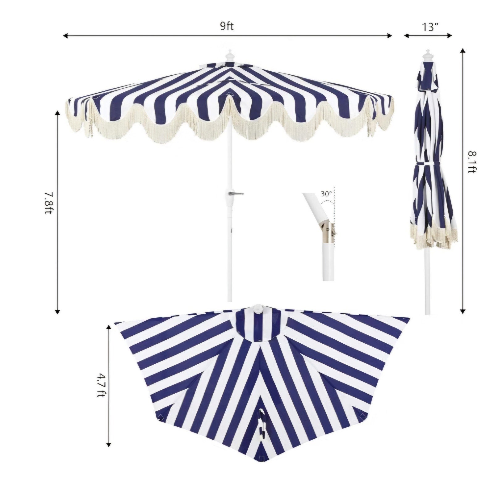 JONATHAN Y Beverly 9 ft. Coastal Navy and White Striped Half Patio Umbrella with Scalloped Fringe