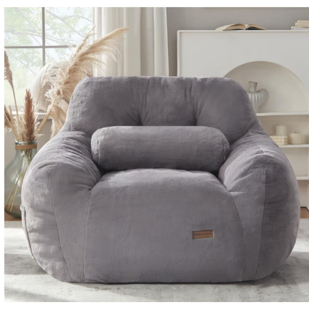 Giant Bean Bag Chair with Lumbar Pillow & Armrests, Oversized Dark Gray Faux Fur Bean Bag Couch