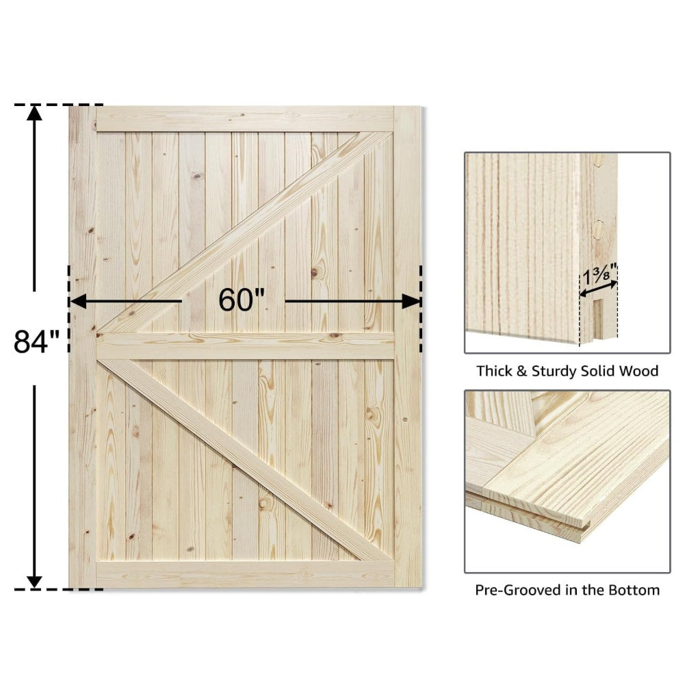 SmartStandard 60in x 84in Sliding Barn Wood Door, Natural, Fit 10FT Rail Pre-Drilled Ready