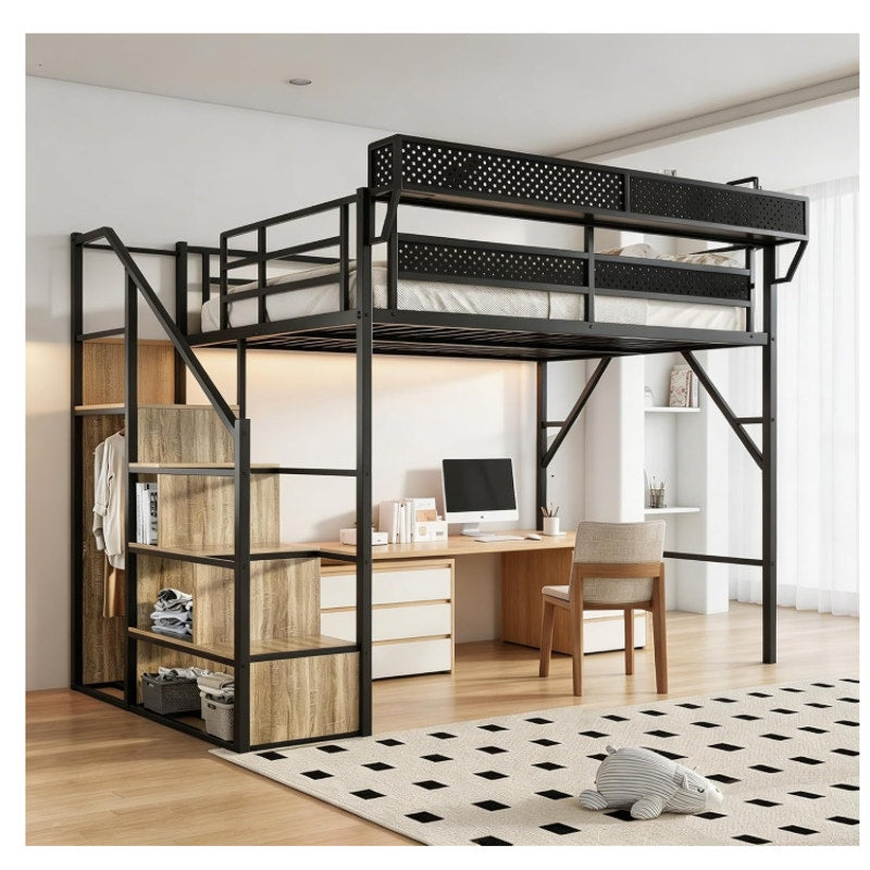 Queen Size Metal Loft Bed with Reversible Stairs and LED & USB Port Storage Shelf