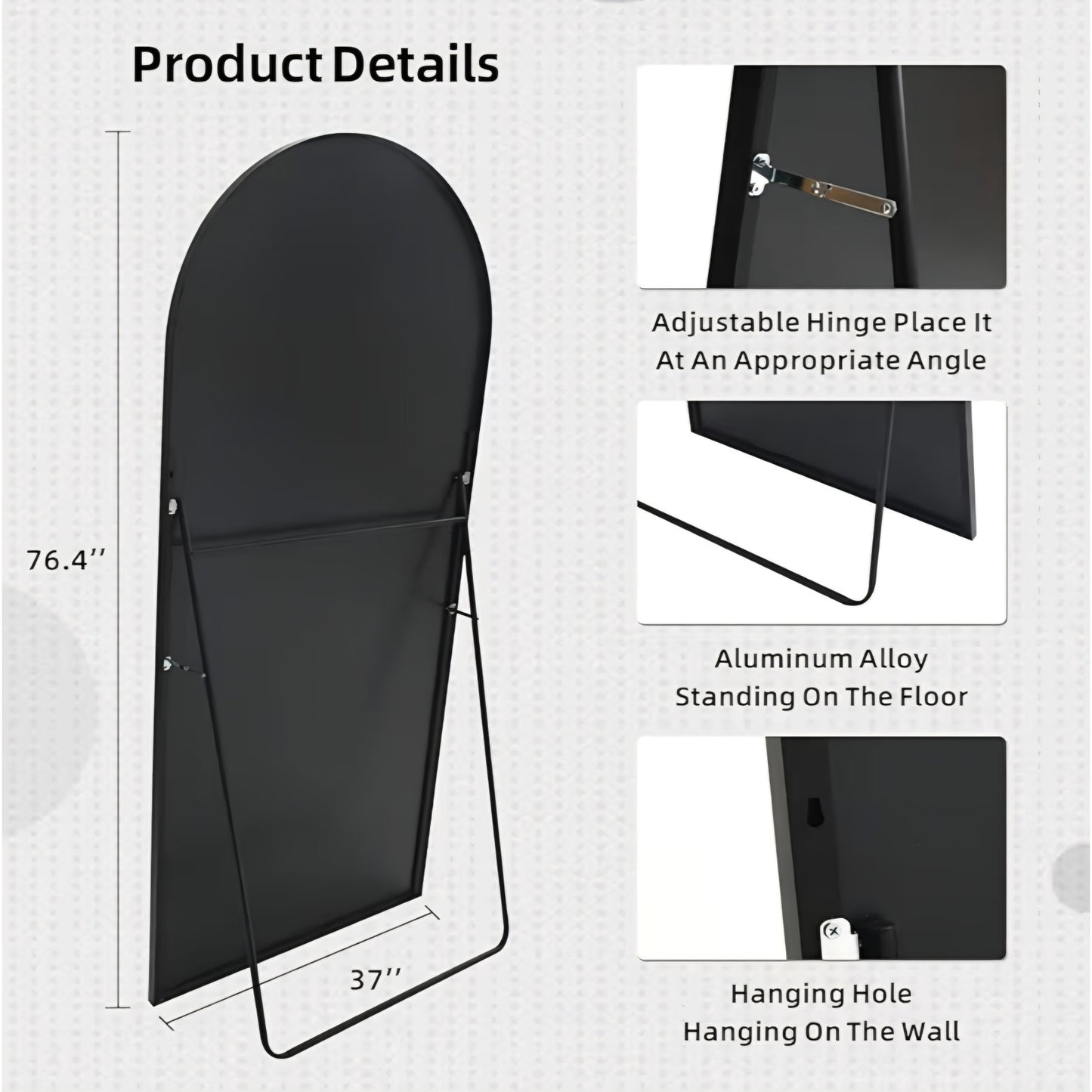 76.4"x37" Arch Full Length Mirror, Large Floor Full Body Tempered Mirror with Aluminum Alloy