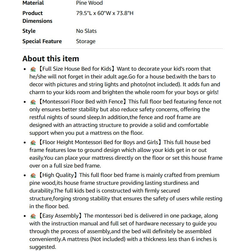 Bellemave Full Size House Floor Bed,Wooden, with Fence and Roof for Kids,(White)79.5"Lx60"W x73.8"H