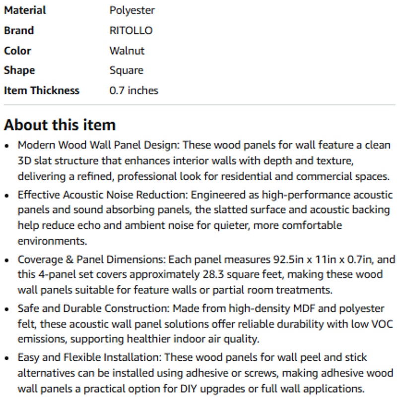 RITOLLO Wood Panels for Wall, Acoustic Wall Panels 92.5 x 11 in, 4 Pack