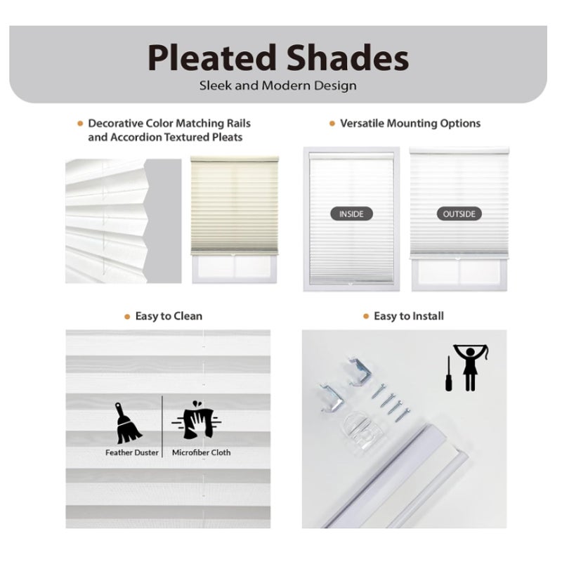 DEZ FURNISHINGS Cordless 1" Light Filtering Pleated Shade, Fabric, 58"W x 64"H, White