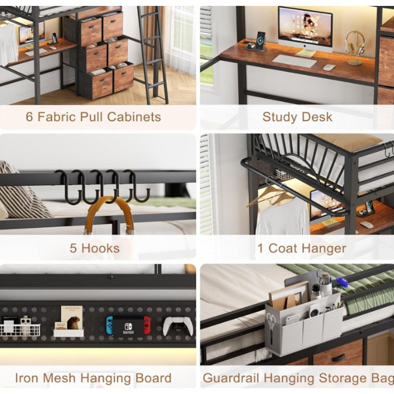 Decofy Twin Loft Bed with Desk and 6 Storage Drawers, Metal Loft Bed Twin Size