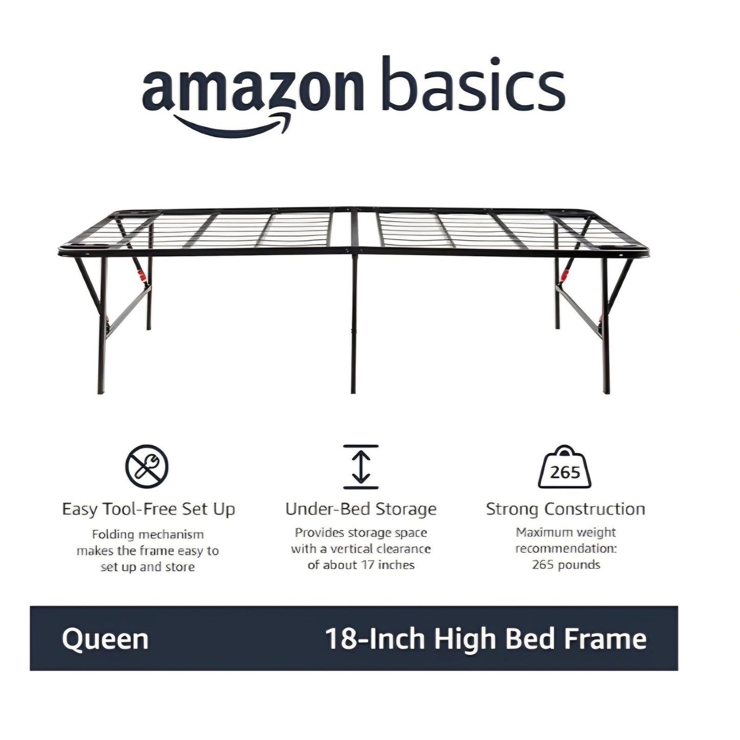 Amazon Basics Bed Frame with Storage, Foldable Metal Platform, Queen