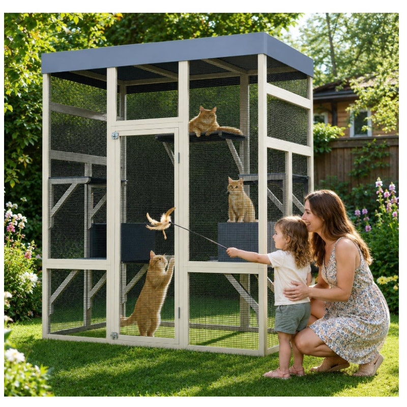 70" Large Outdoor Catio Cat Enclosure, Wood Cat Patio with Waterproof UV-Resistant Roof