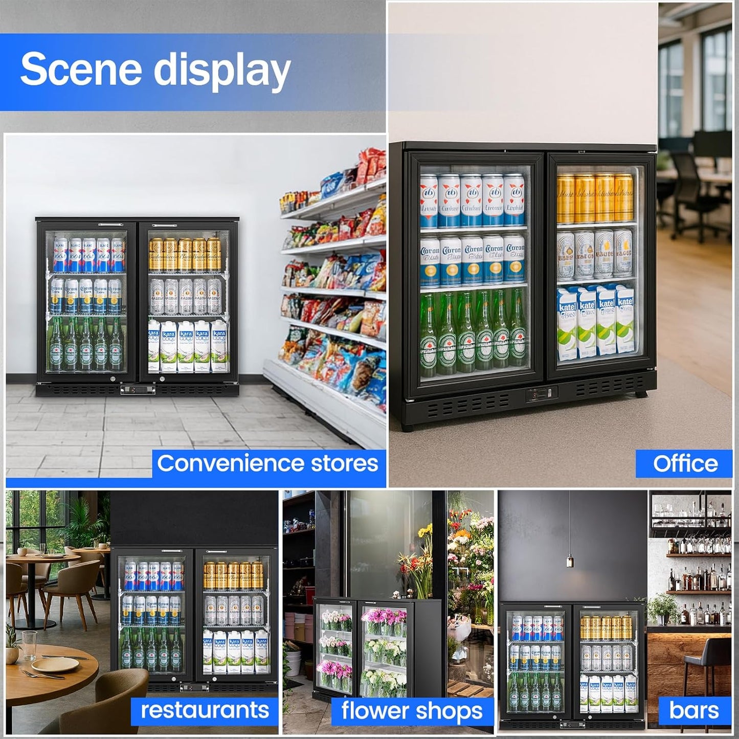 Back Bar Cooler with 2 Glass Doors Commercial Under Counter Beverage Refrigerator 7.4 Cu.ft. Black