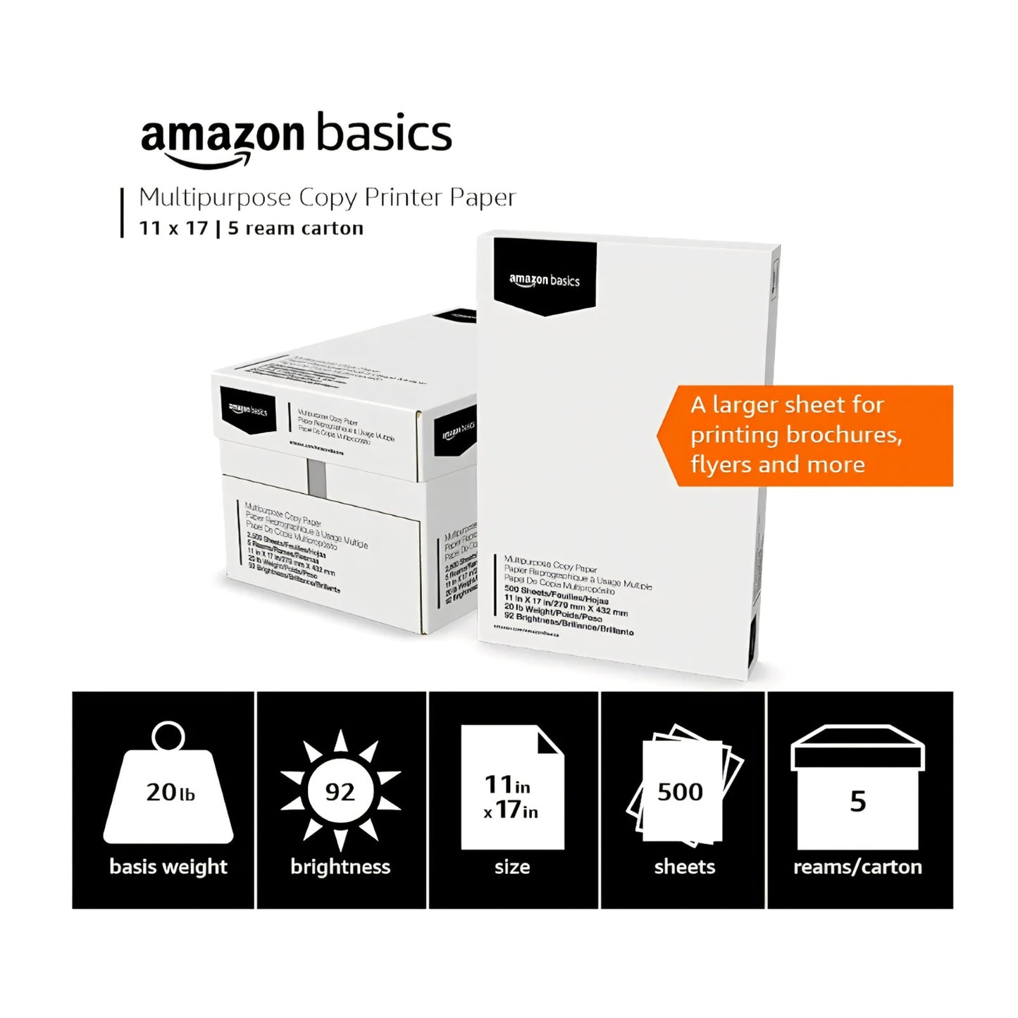 Amazon Basics Multipurpose Copy Printer Paper, 20 lb, 11 x 17 Inches, 5 Reams (2,500 Sheets), 9
