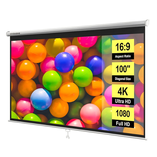 100 Inch 16:9 Pull Down Projector Screen, HD 4K Retractable Movie Screen for Indoor Home