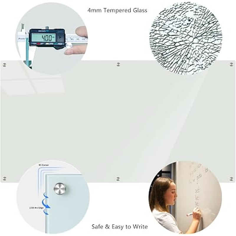 Glass Whiteboard 6'x4', Magnetic Glass Dry Erase, Frameless Wall Mounting, for Office Home & School