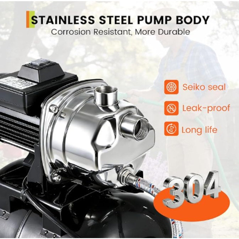 1 HP Shallow Well Jet Pump with 5-Gallon Pressure Tank – Stainless Steel, 130ft Lift, 20ft Suction