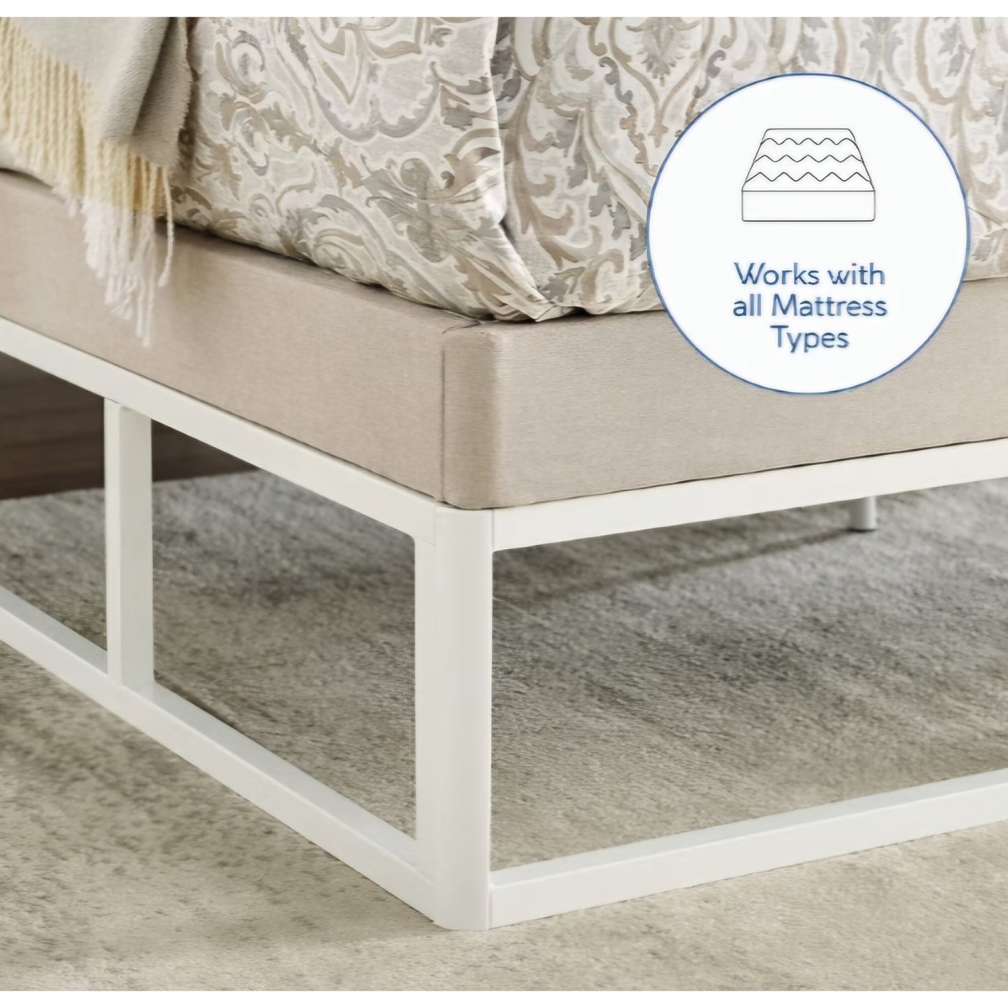 King Size Capri White Metal Platform Bed Frame with Built-in Beige Upholstered Mattress Foundation