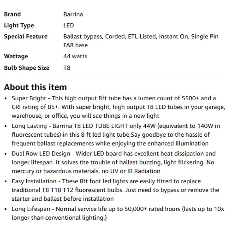 Barrina 8ft LED Bulb, 44W 5500LM 6500K, T8 T10 T12 LED Bulb, FA8 Single Pin Super Bright
