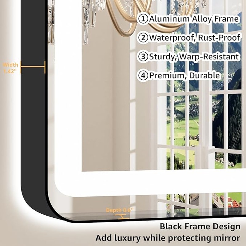 60" x 40" LED Bathroom Mirror with Backlit & Frontlit, Dimmable 3-Color Lights, Black Frame