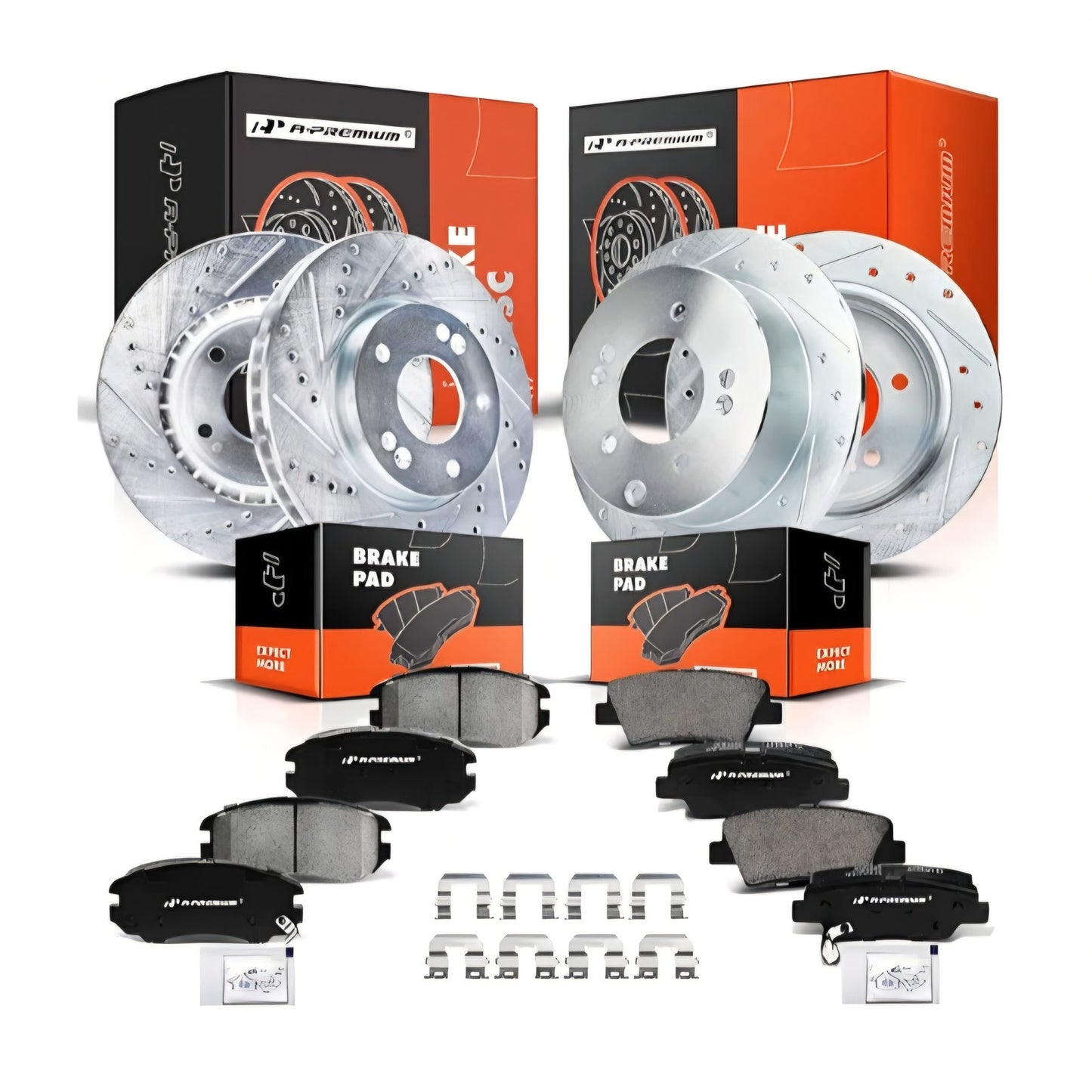 Kia Front & Rear Drilled and Slotted Disc Brake Rotors, Ceramic Pads Kit Compatible Select Kia Model