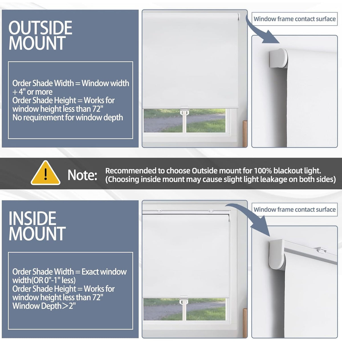 SHADEMOON Cordless Blackout Window Roller Shades, Pull Down Spring System, White, 72"L x 57"W