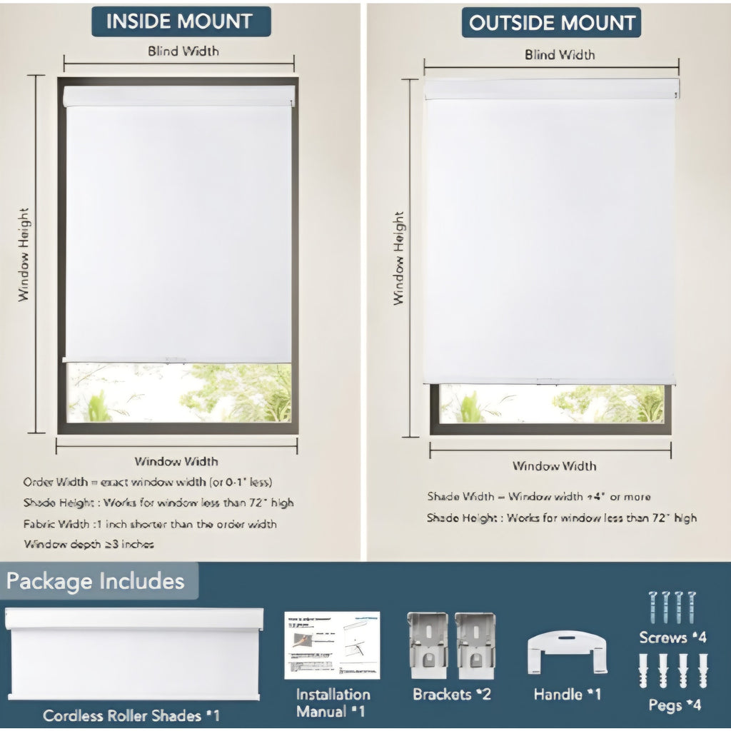Roller Window Shades Free-Stop (58.5" Wx72 H, White) Cordless Blackout Blinds