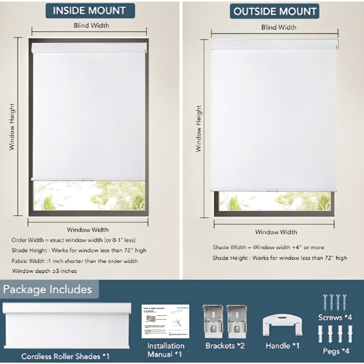 Roller Window Shades Free-Stop (58.5" Wx72 H, White) Cordless Blackout Blinds