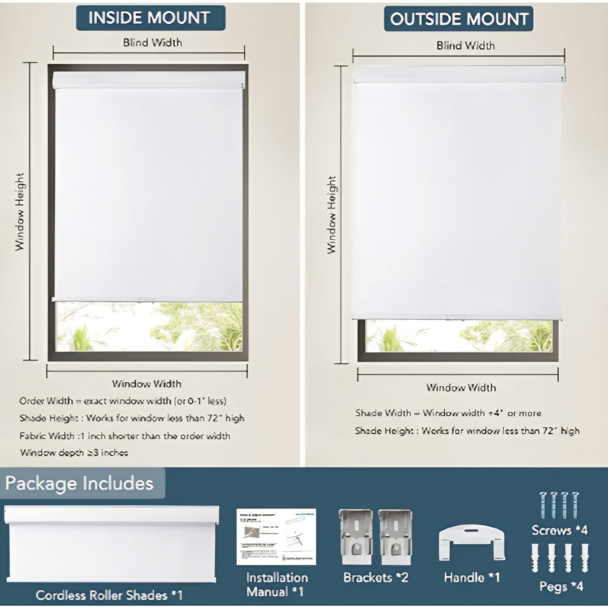 Roller Window Shades Free-Stop (58.5" Wx72 H, White) Cordless Blackout Blinds