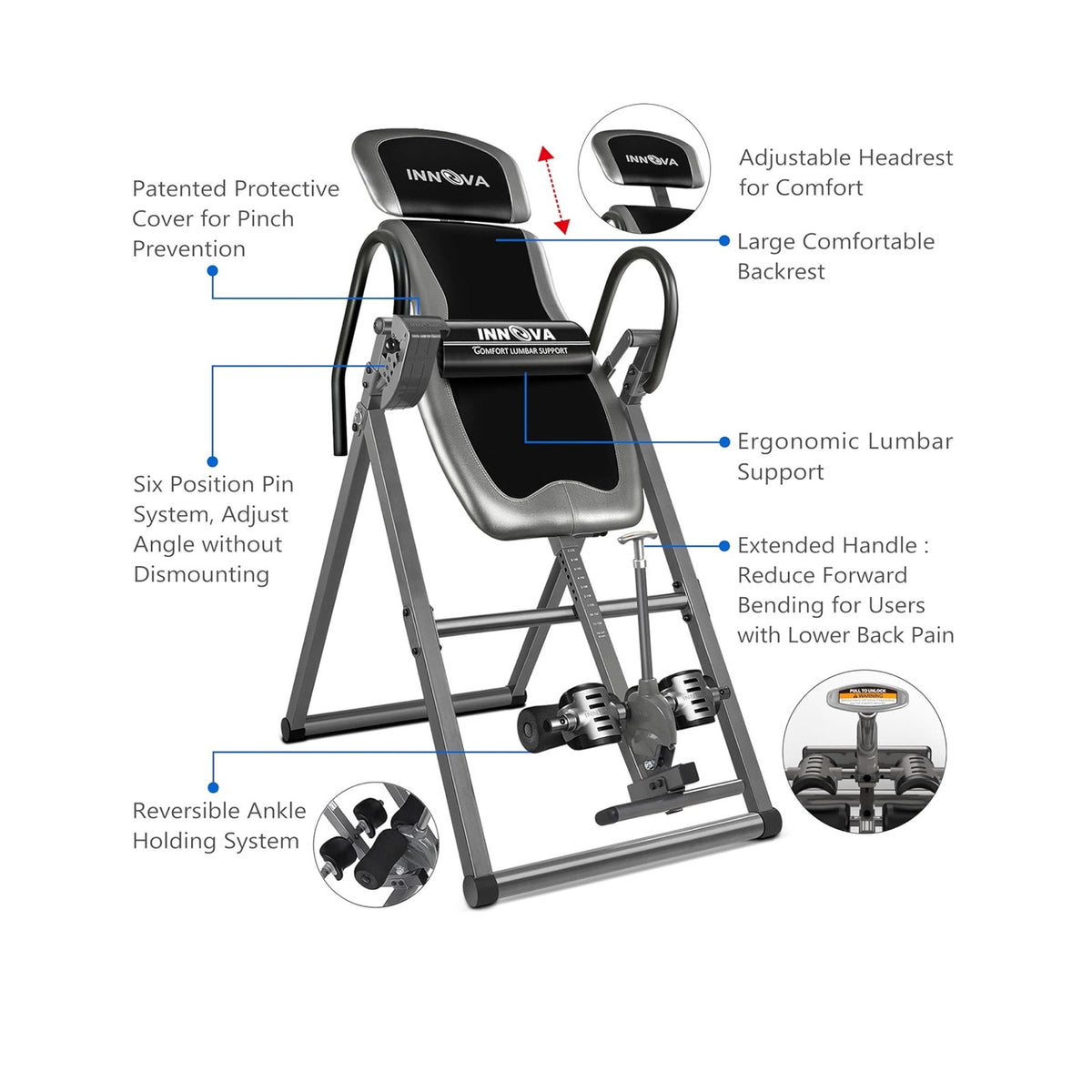 Innova Inversion Table with Adjustable Headrest, Reversible Ankle Holders