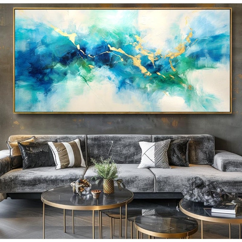 Wall Art Abstract Canvas Painting Green Blue and Gold Fantasy Wall Decor 30"x60" with Framed
