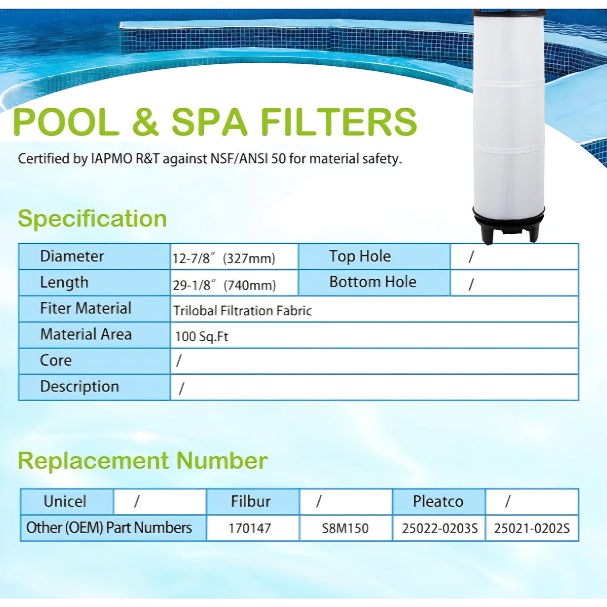 Swimming Pool Filter Cartridge, 450 Sq. Ft S8M150 System 3 Inner and Outer Cartridge, Replacement