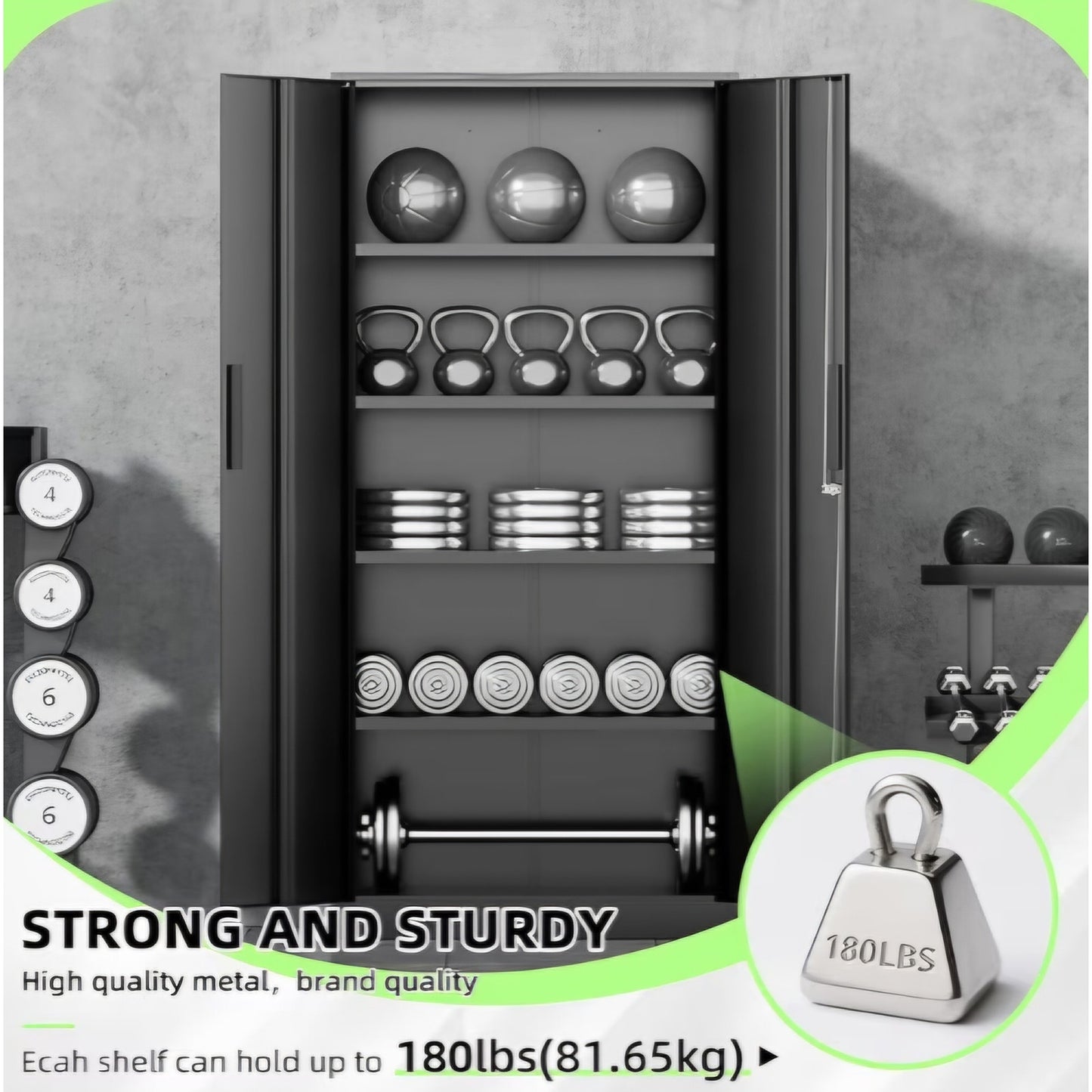 Black Metal Storage Cabinet, 72" Locking Steel Cabinets with 2 Door and 4 Adjustable Shelves