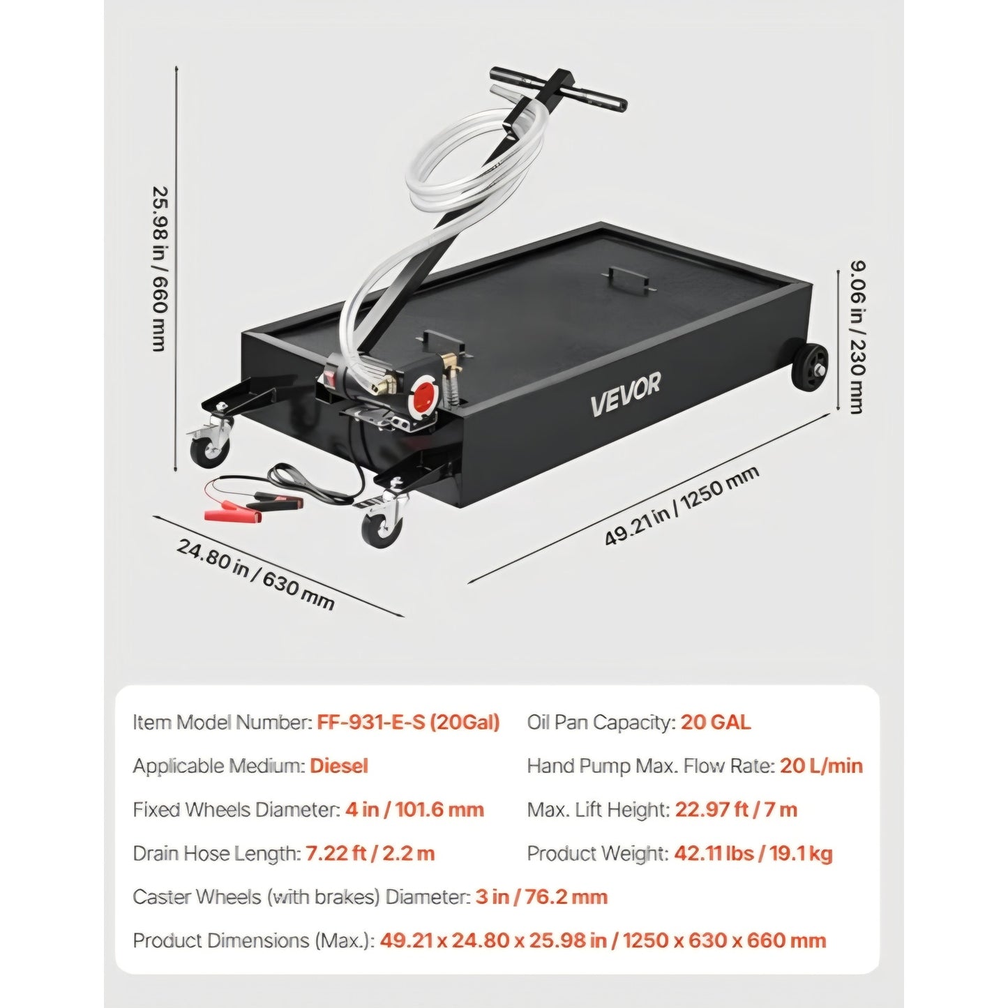 Oil Drain Pan, 20-Gallon Metal Oil Change Pan, Effective Oil Drain Cart with 180W Electric Pump
