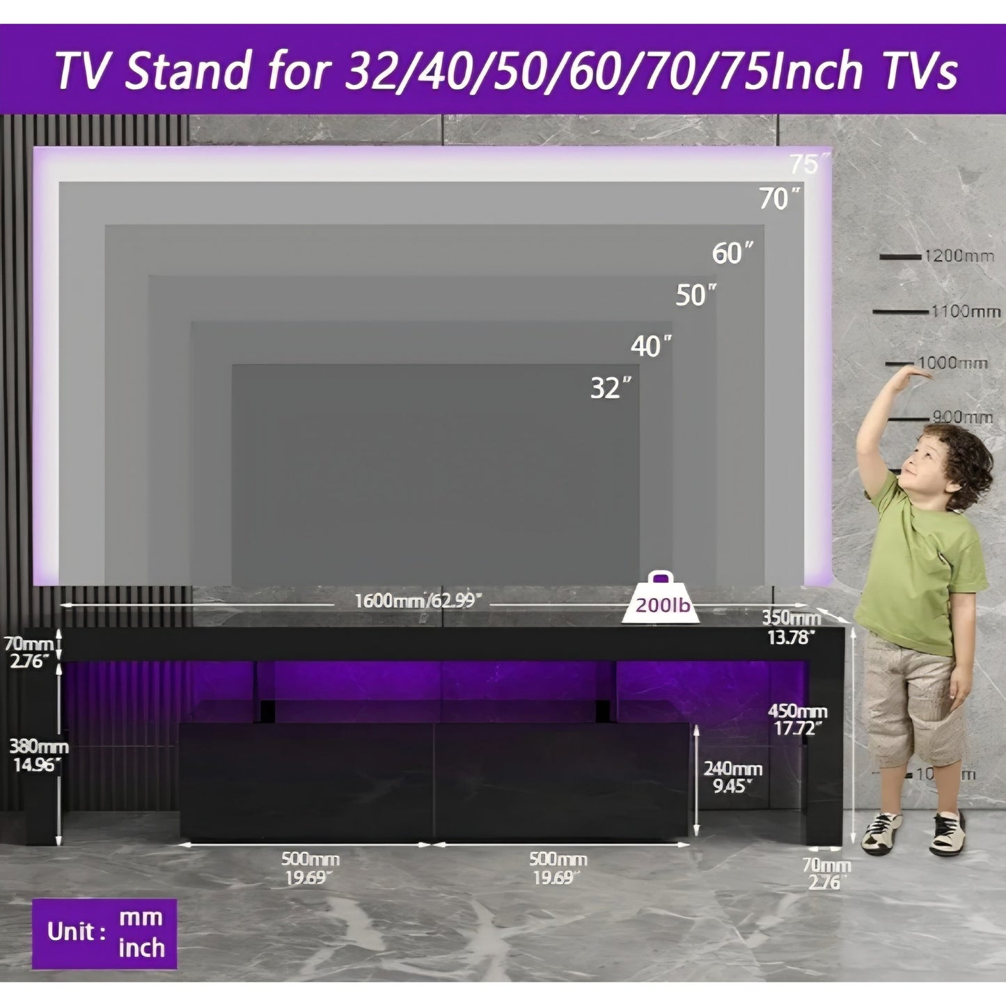 Black TV Stand, 60 65 70 75 inch Wood TV Stand, High Glossy Entertainment Center with Large Draw
