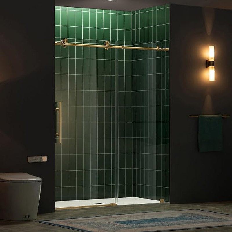 Woodbridge 57.5-60" W x 80" H Frameless Single Sliding Soft-Close Shower in Brushed Gold Finish