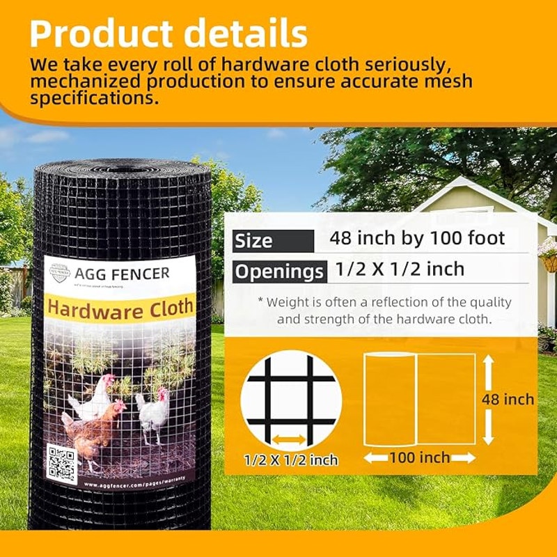Black Hardware Cloth 1/2 in 48 x 100ft PVC Coated Wire Mesh Vinyl Coated Fence, Welded Metal Chicken