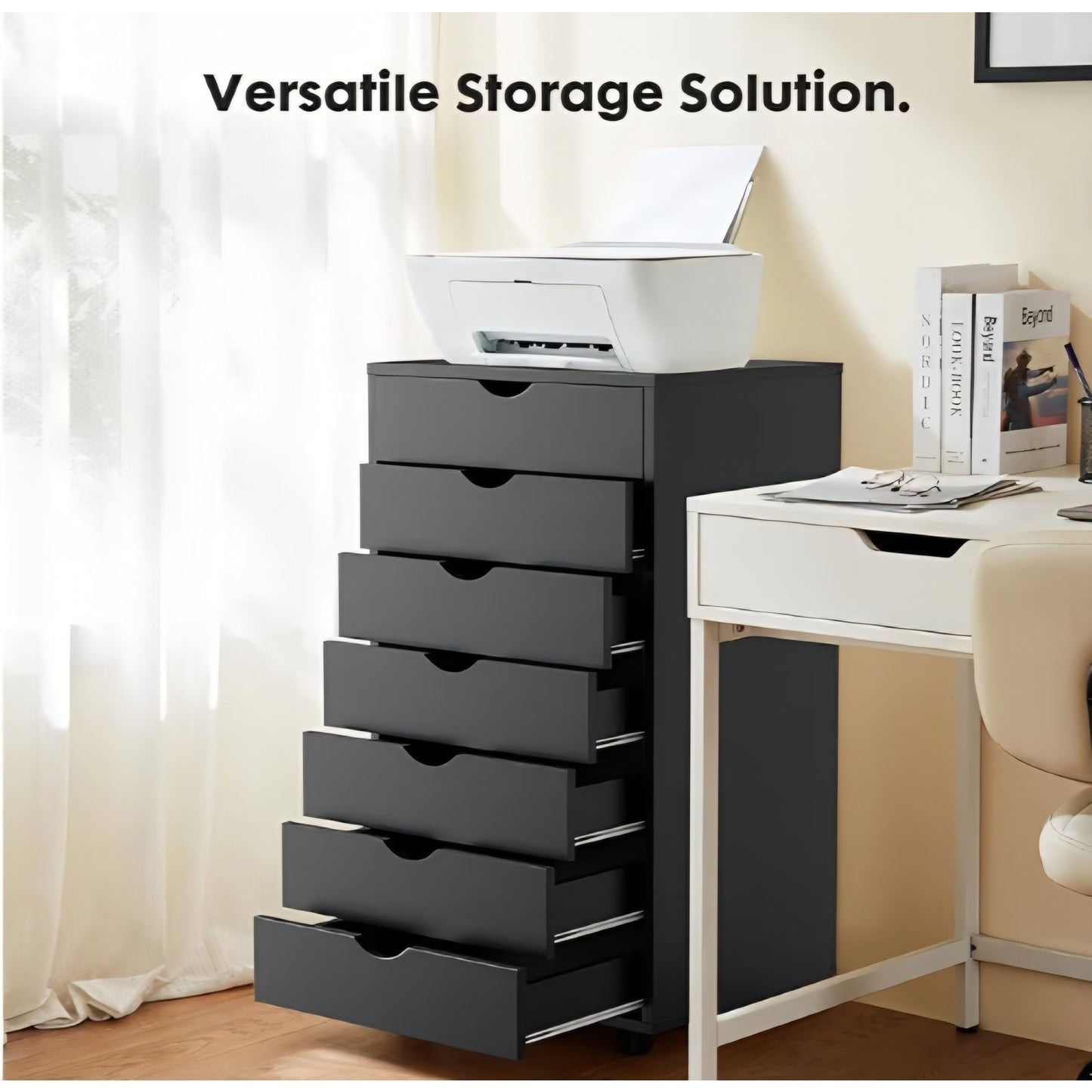 7 Drawer Mobile File Cabinet Under Desk Storage Organization with Wheels 18.74"W x 34.25"H, Black