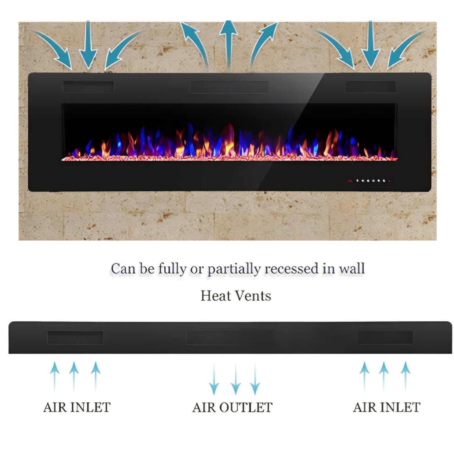 60" Recessed and Wall Mounted Electric Fireplace, Low Noise, Fit for 2 x 6 Stud, Remote Control