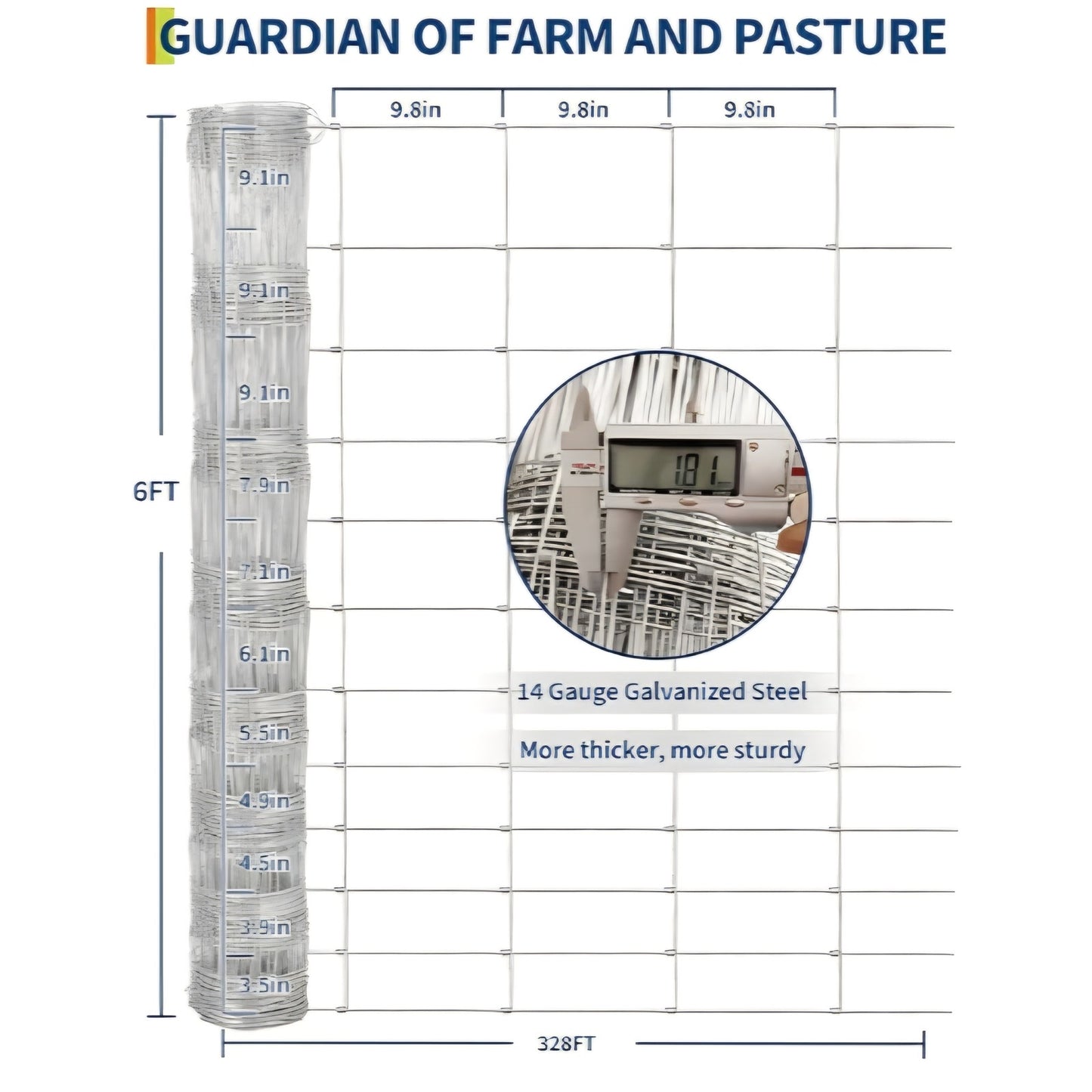 6Ft x 328Ft Galvanized Wire Fencing for Cattle Farm - Heavy Duty Livestock Fence for Large Animals