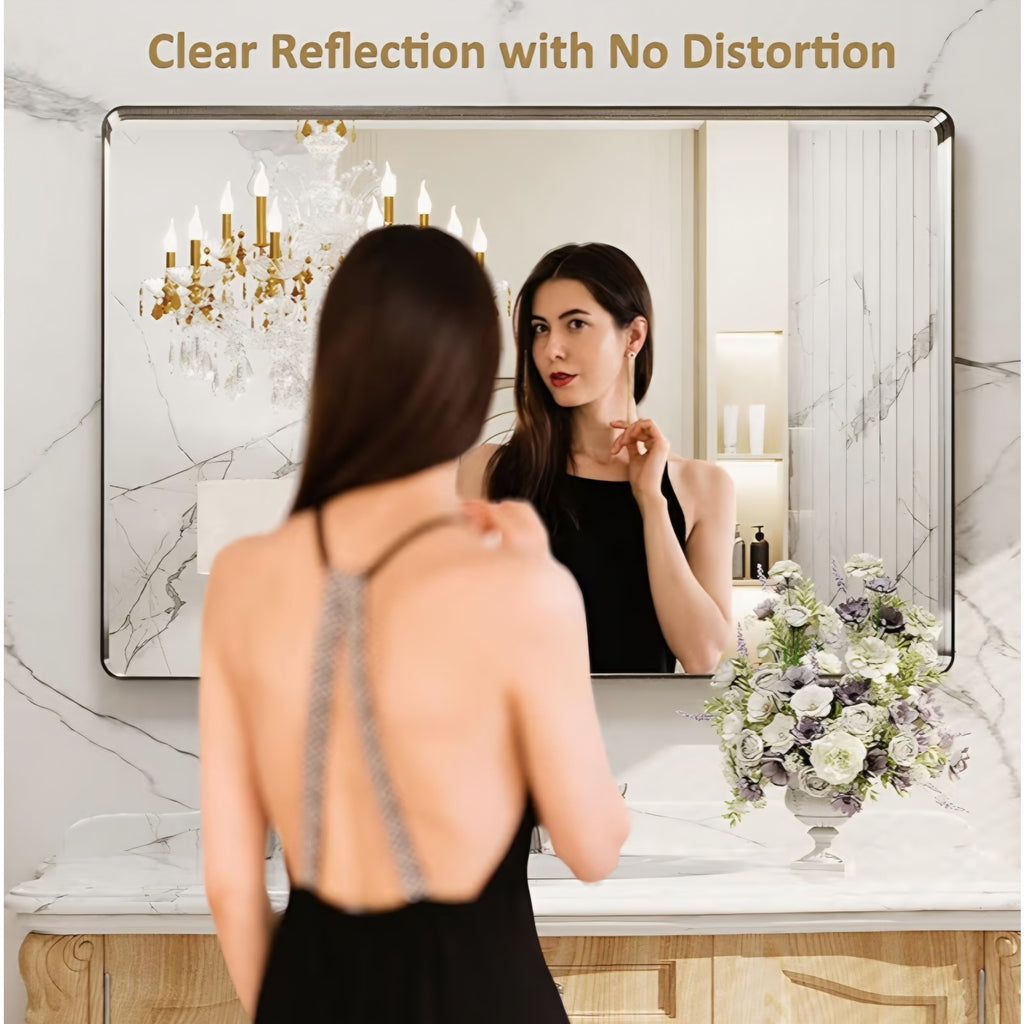 LOAAO 48X32 Inch Brushed Nickel Bathroom Mirror, Rounded Rectangle Silver Metal Frame Mirror